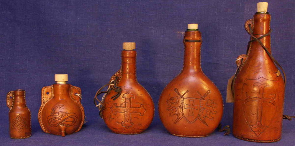 Leather-covered bottles in various sizes